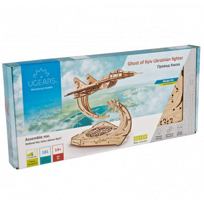 UGEARS Ghost of Kyiv wooden fighter jet model kit box, showing the finished plane on a stand