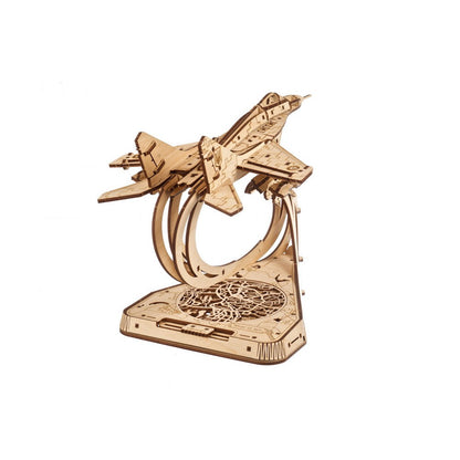 Laser-cut wooden fighter jet model on a stand with map details and "Ghost of Kyiv" text