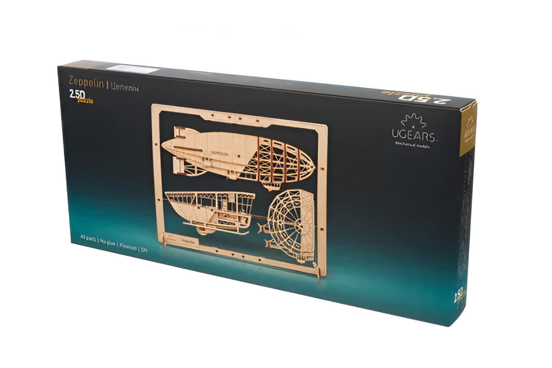 UGEARS Zeppelin wooden model kit box displays laser-cut airship and gondola parts within their wooden frames