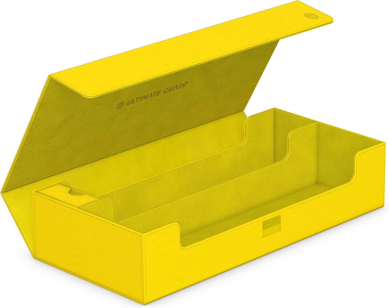 Open dandelion Ultimate Guard card storage box showing three compartments