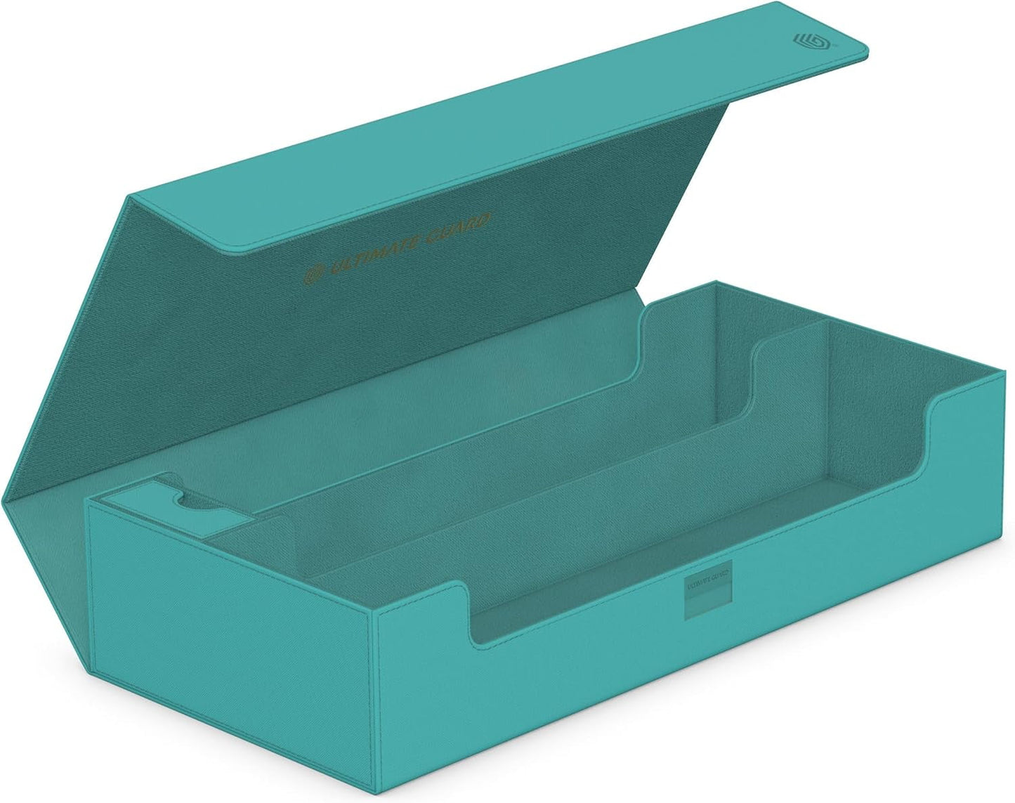 Teal Ultimate Guard double-compartment trading card deck box, shown open with the magnetic lid lifted