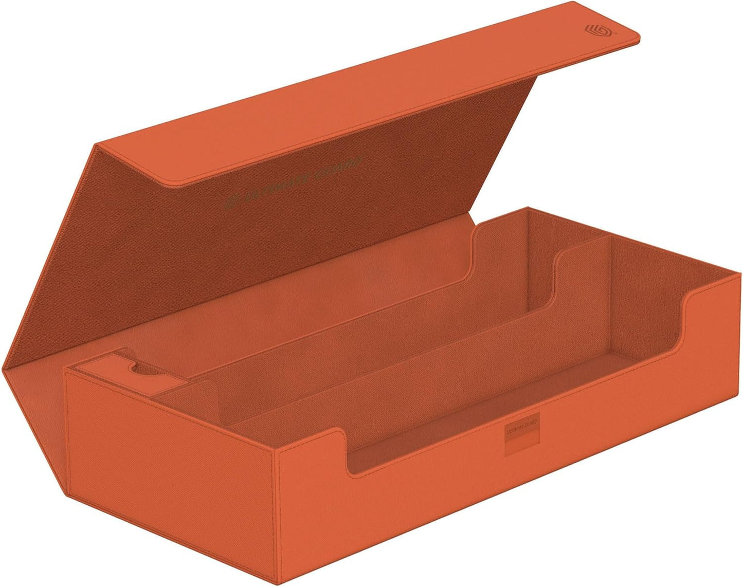 Open peach deck box with magnetic lid, showing three card slots and a separate small accessory compartment