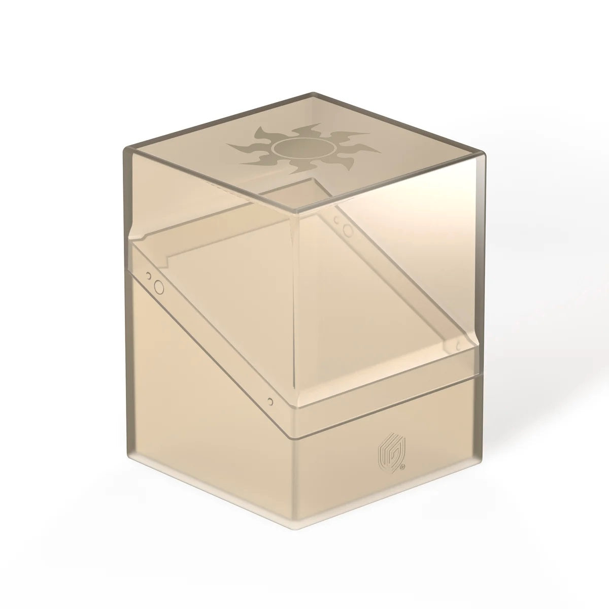 Translucent tan deck box for trading cards, featuring the Magic: The Gathering sunburst symbol on the lid