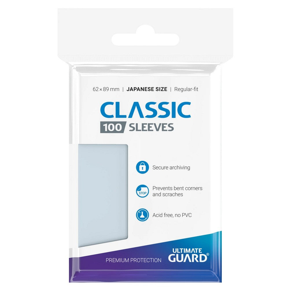 A white pack of Ultimate Guard Classic 100 Japanese size card sleeves, ideal for protection