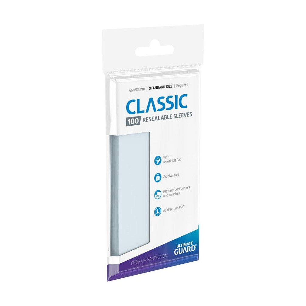A clear package of Ultimate Guard Classic 100 Resealable Sleeves, standard size