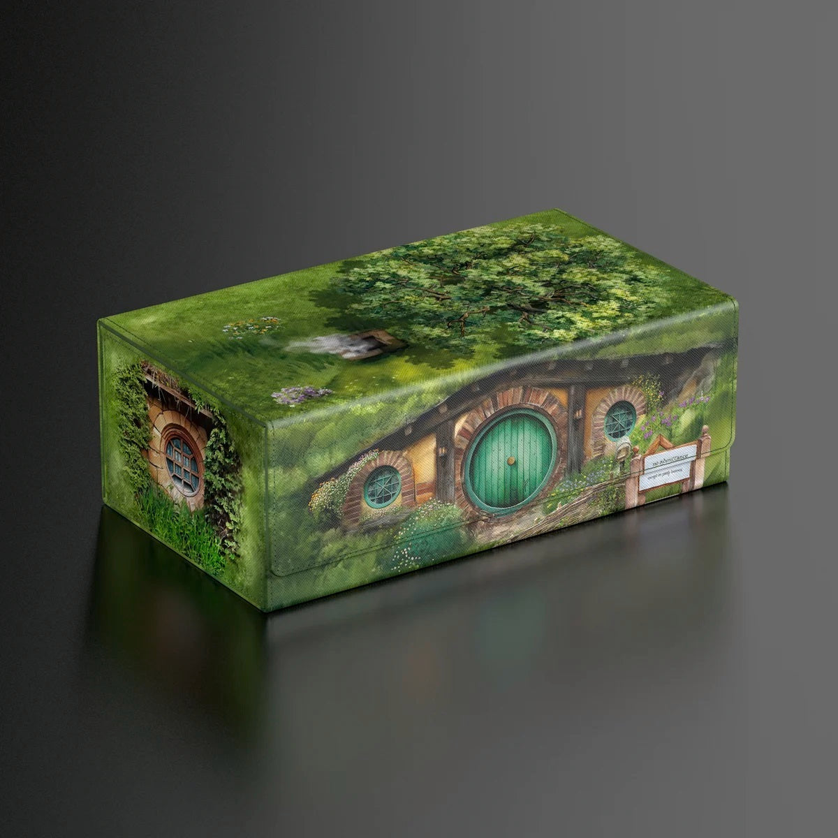 Rectangular box decorated with a print of the Bag End Hobbit hole, featuring a round green door