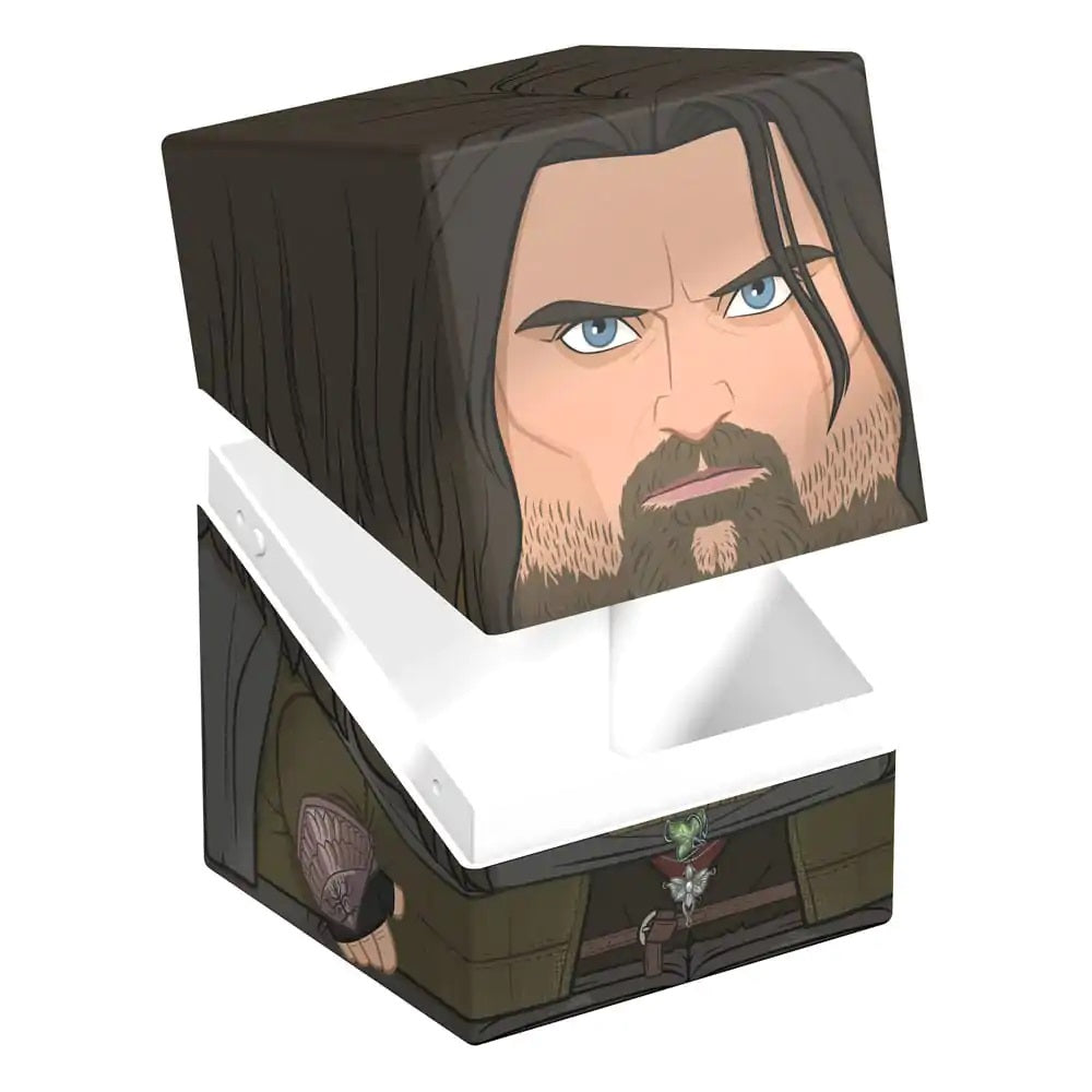 Open storage cube featuring an illustration of a stern, bearded man (Aragorn)
