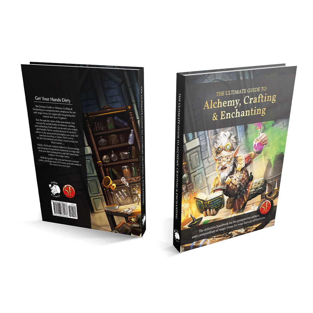 Two 5E rulebooks: 'The Ultimate Guide to Alchemy, Crafting & Enchanting'. Front: fantasy alchemist. Back: alchemy lab