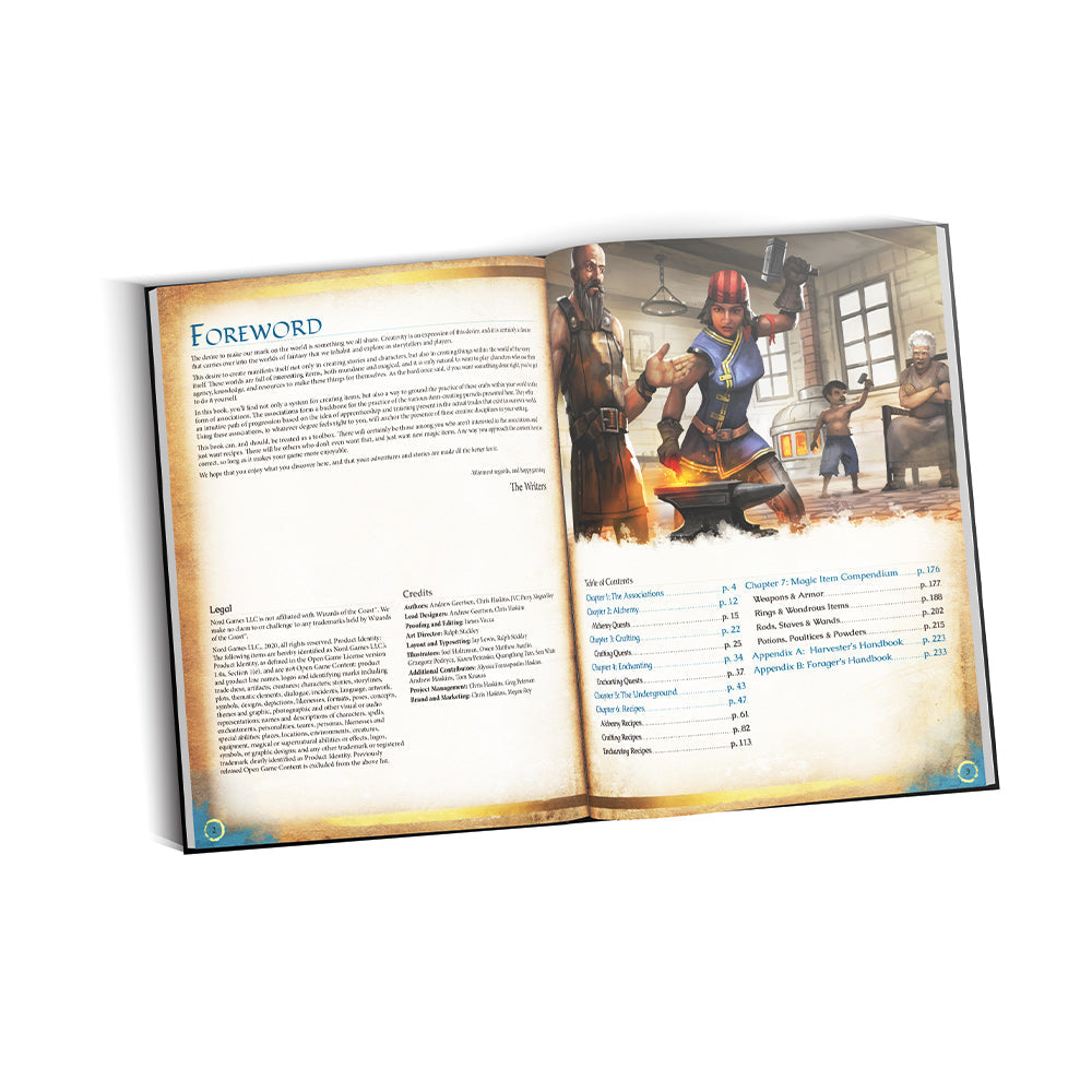 Open RPG manual showing a blacksmith woman hammering glowing metal on an anvil, observed by three others