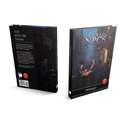 Two RPG books. Front: 'Ultimate NPCs: Skulduggery' cover shows fantasy characters in an alley. Back: 'Step into the Tavern'