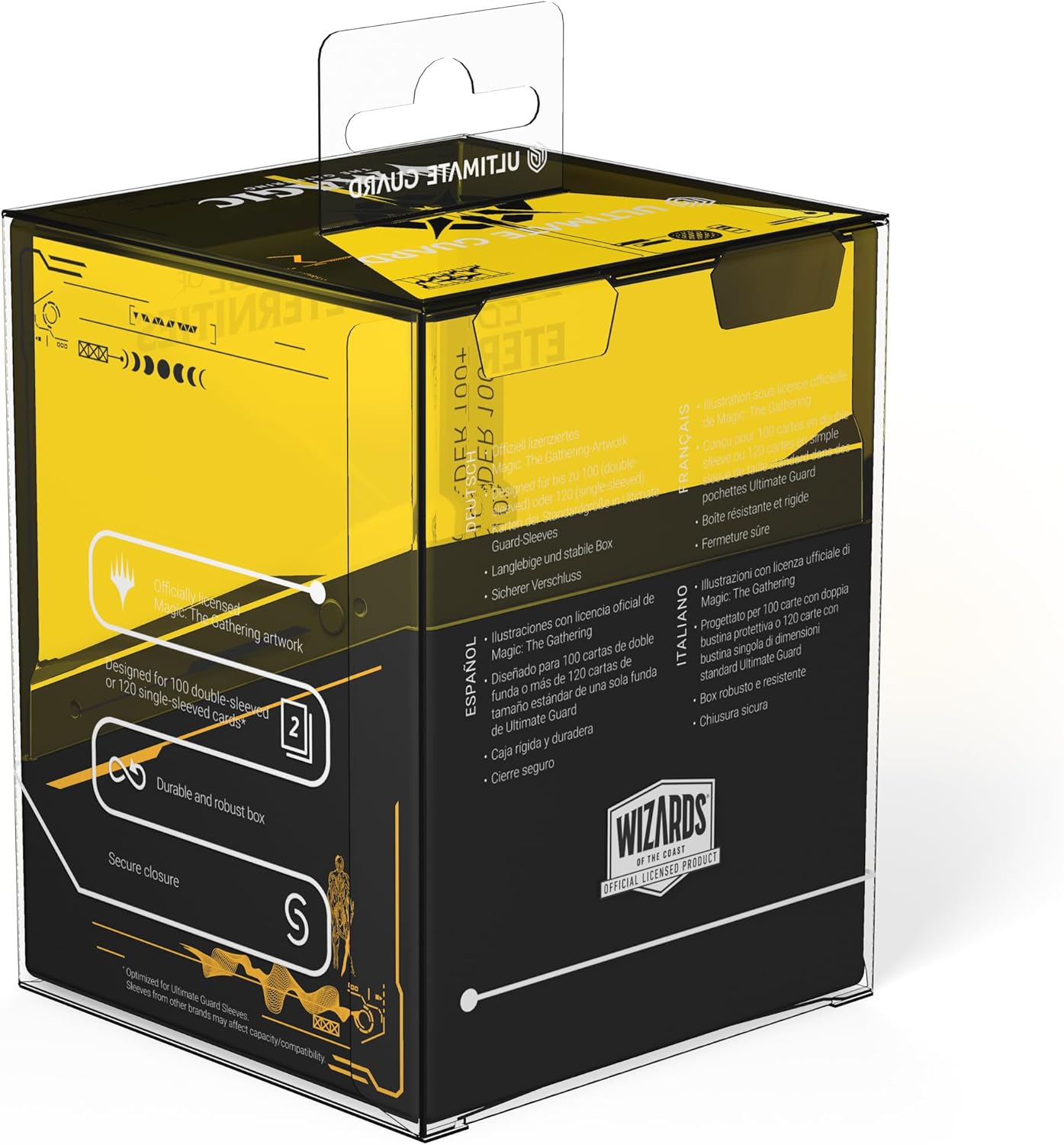 Black and yellow Ultimate Guard box for Magic: The Gathering cards, featuring multi-language text and a hanger tab