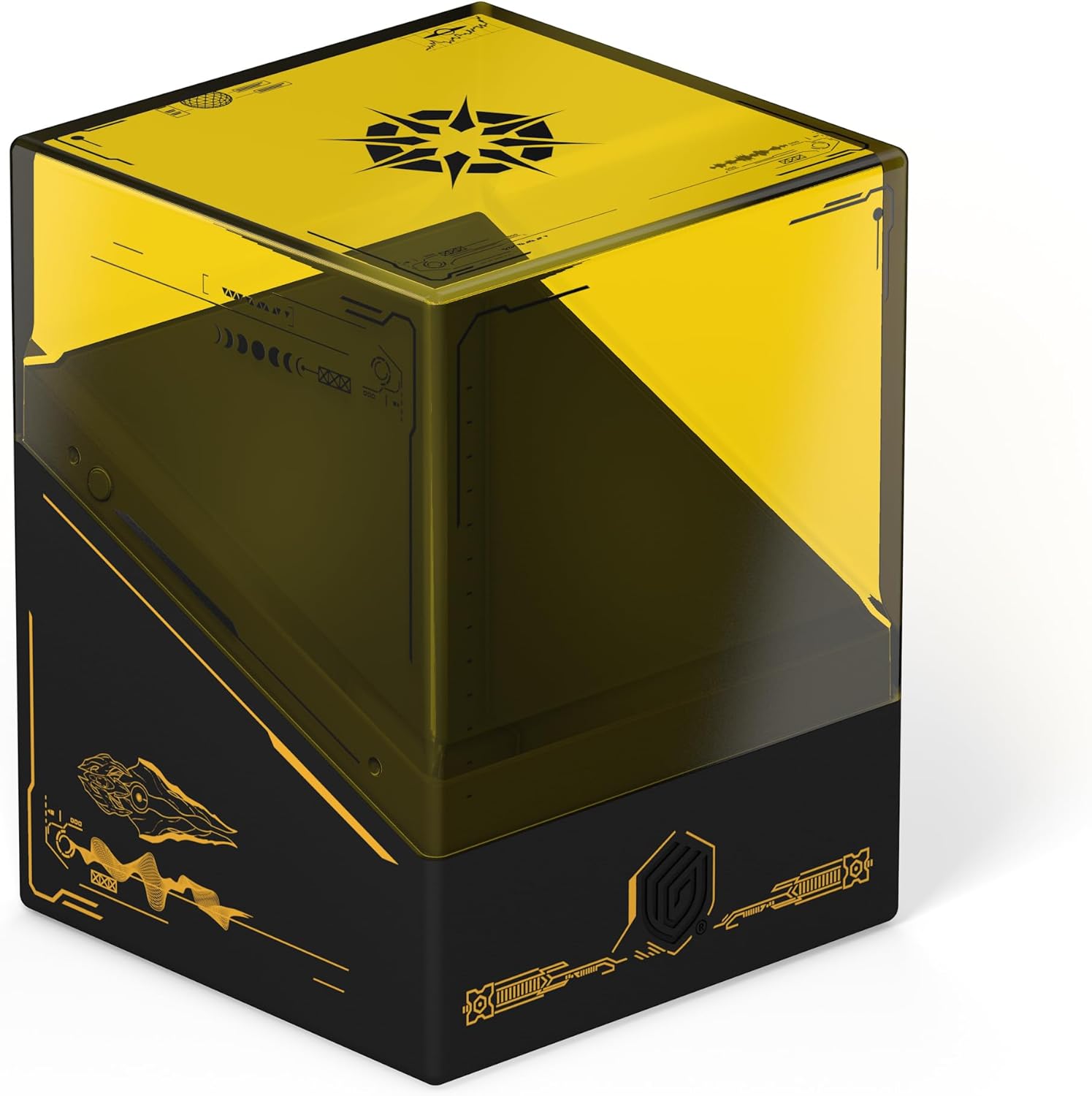A black and translucent yellow deck box, shaped like a cube and adorned with futuristic gold patterns