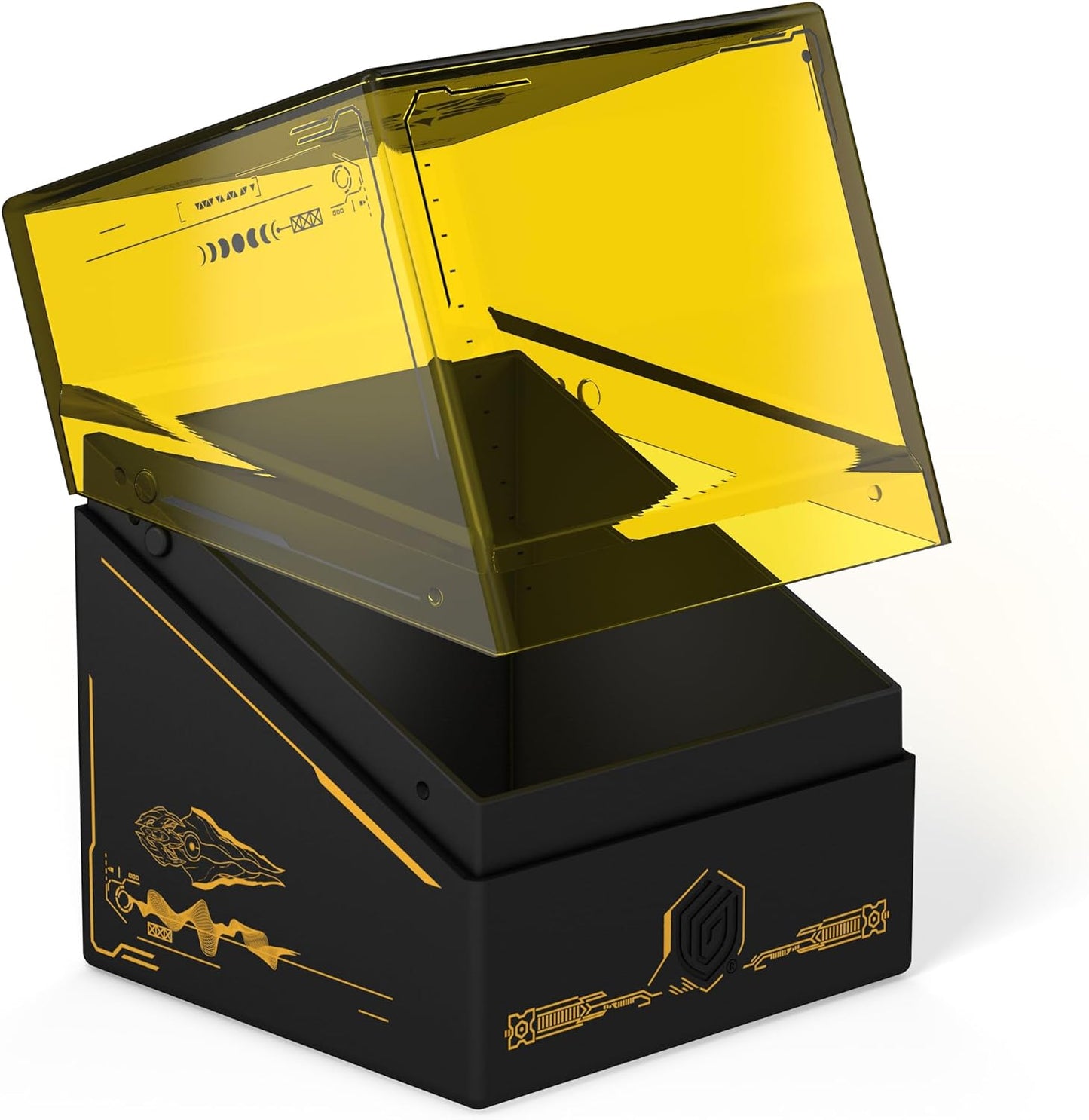 A black sci-fi themed deck box with gold patterns and an open, translucent yellow lid