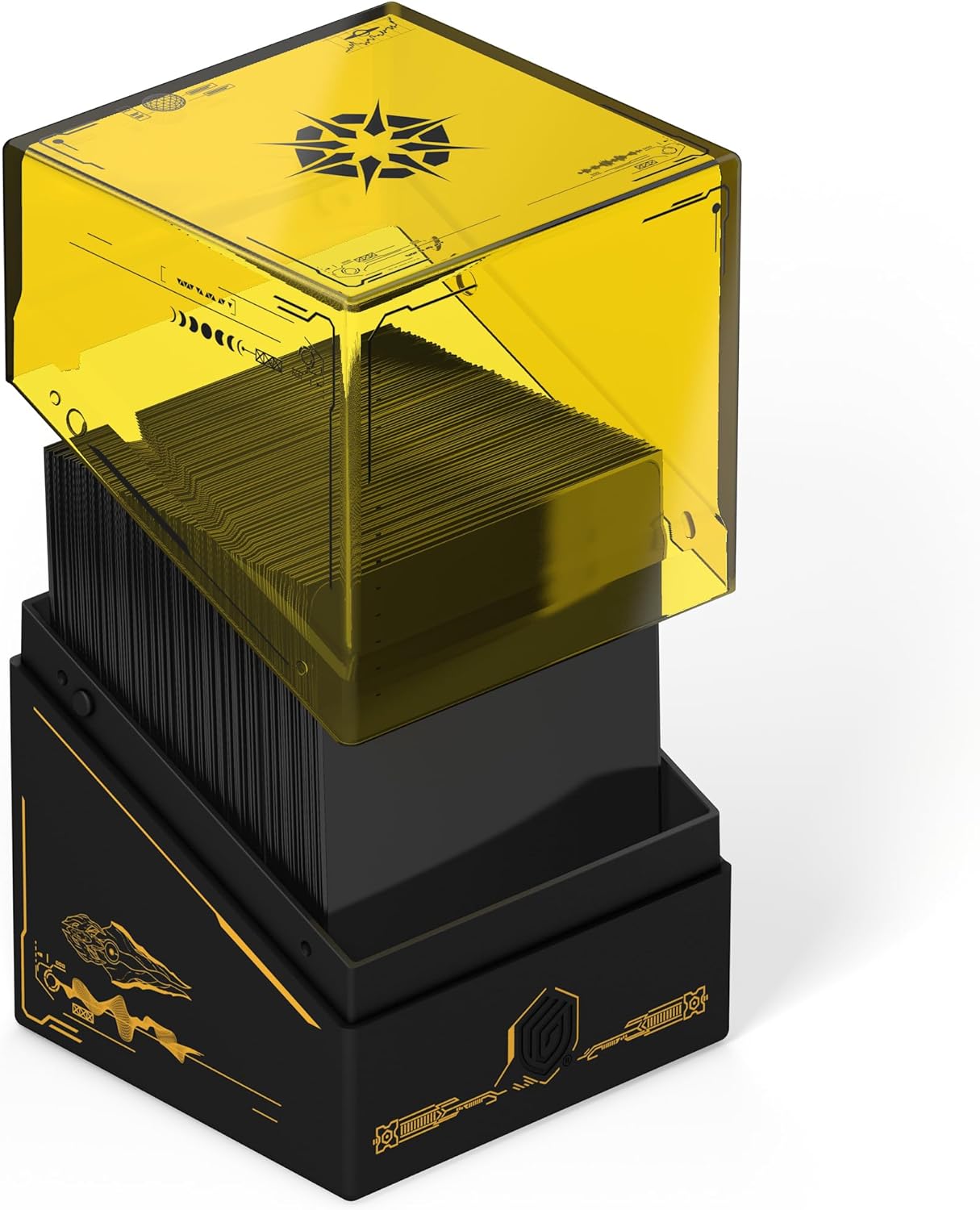 Black deck box with gold sci-fi designs, holding black cards. Yellow translucent lid with a star symbol is lifted