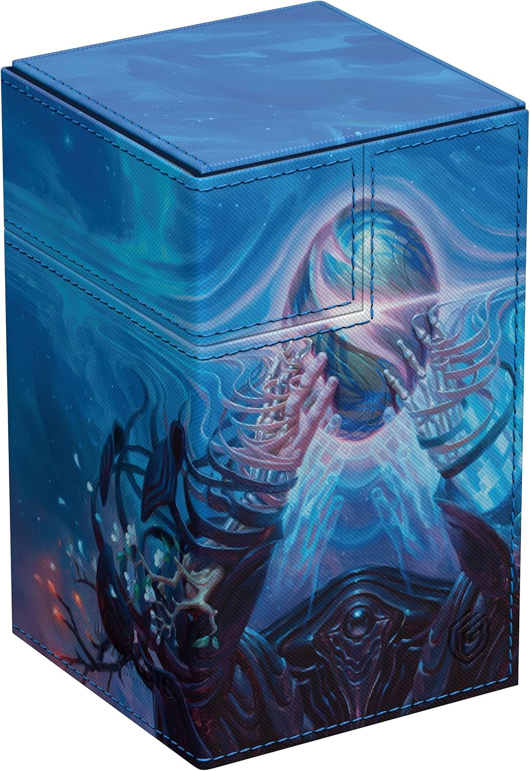 A blue deck box with fantasy art of a glowing ethereal figure surrounded by skeletal ribs, hands raised