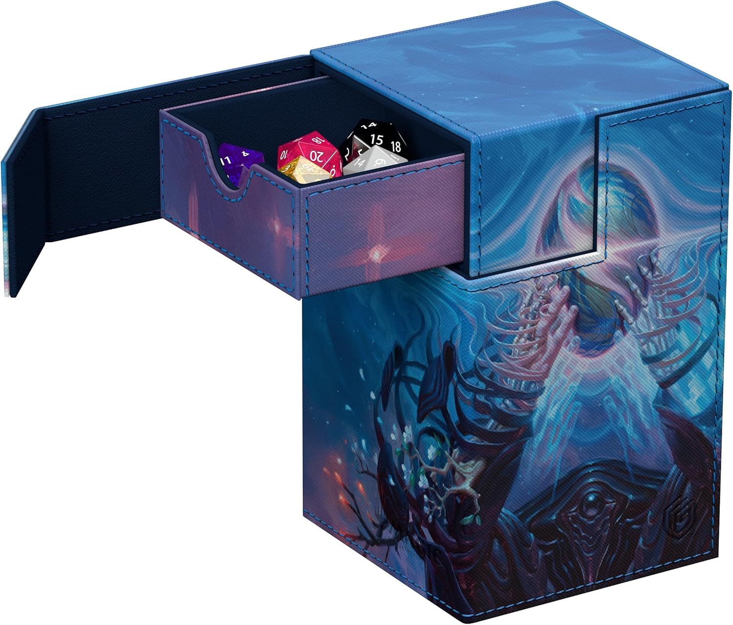 A blue gaming storage box with skeletal fantasy art, a drawer pulled open revealing polyhedral dice