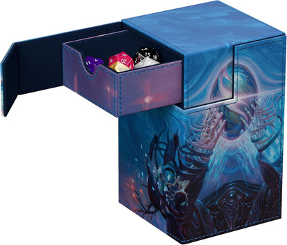 A blue gaming storage box with skeletal fantasy art, a drawer pulled open revealing polyhedral dice