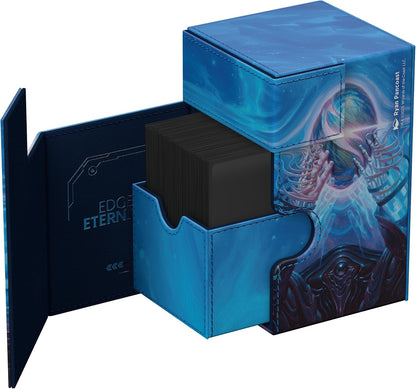 A blue trading card deck box, open to reveal a stack of black cards inside. It features abstract blue fantasy art