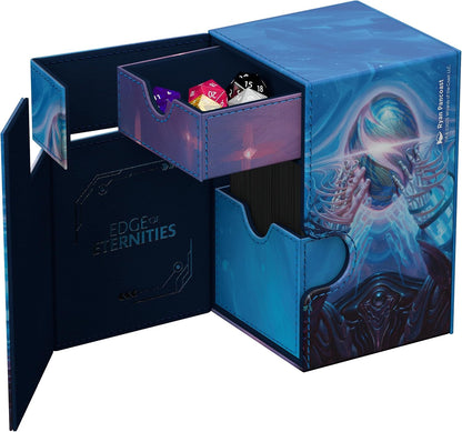 Open blue deck box with mystical artwork. It features a card compartment and a pull-out drawer holding colorful polyhedral dice