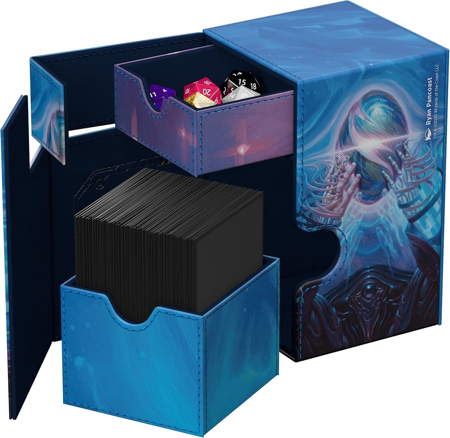 Blue deck box with fantasy art open, revealing a stack of black cards and a drawer with colorful dice