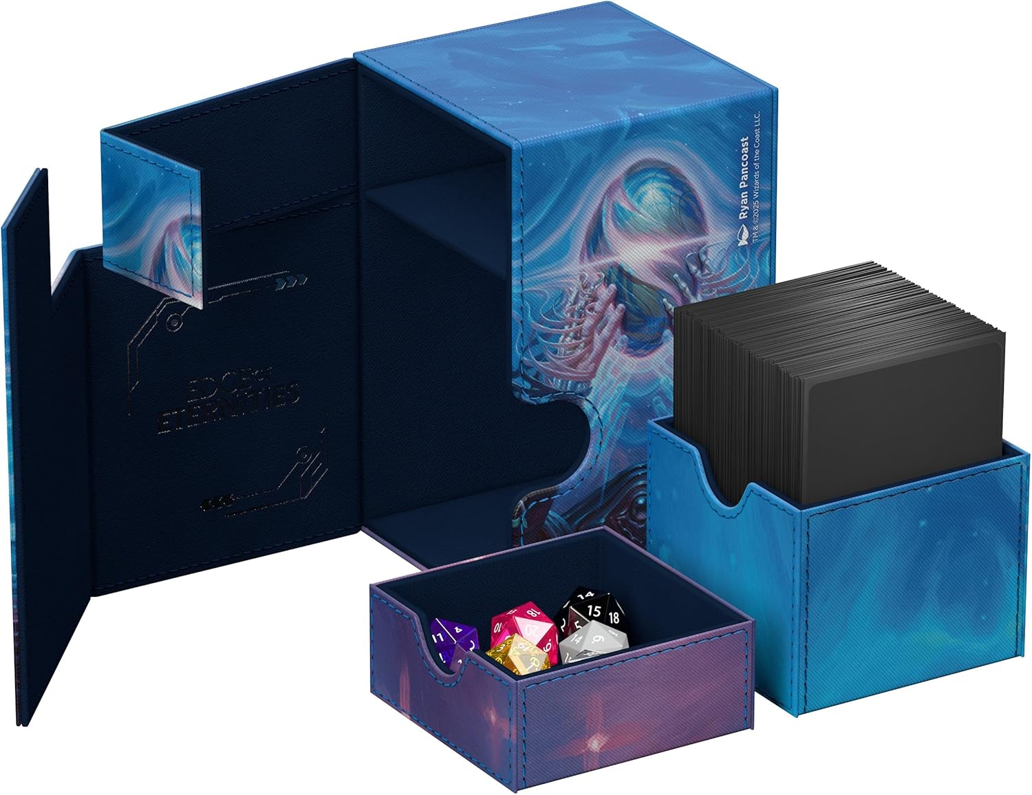 An open blue deck box with abstract art, displaying a stack of black trading cards and a tray of colorful dice