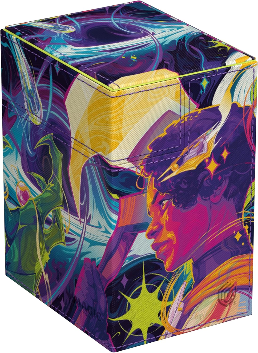 Ultimate Guard Vivid Magic: The Gathering deck box with stylized art of a determined warrior facing a glowing green creature in a cosmic scene