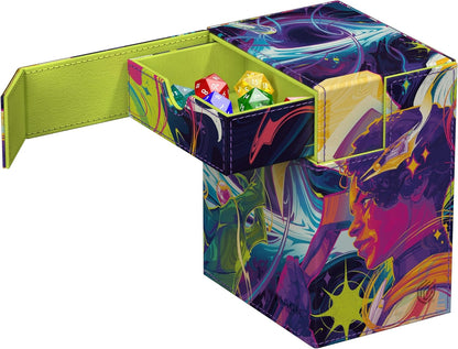 Vibrant abstract art gaming box with pull-out dice tray, showing colorful polyhedral dice inside