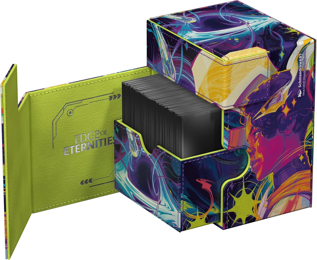 Open deck box with vibrant cosmic art contains black cards. Its green flap shows &quot;EDGE of ETERNITIES&quot;
