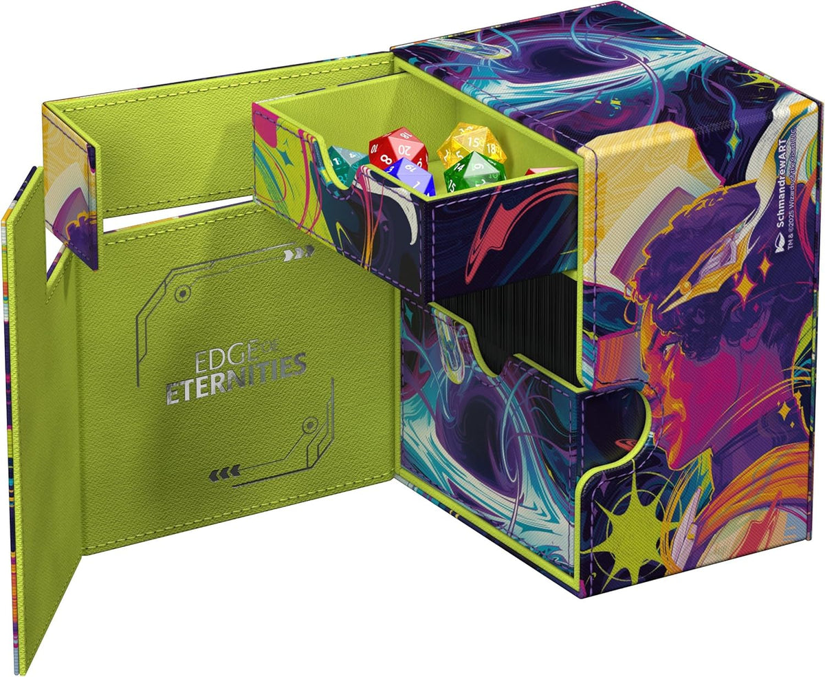 Colorful gaming storage box with stylized art. Open, showing dice in a drawer and &quot;EDGE OF ETERNITIES&quot; text on the flap