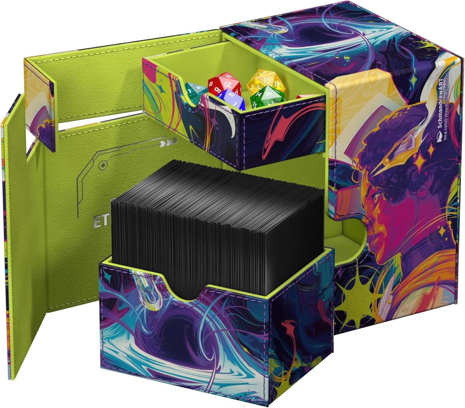 Vibrant multi-compartment deck box, open to reveal black trading cards and colorful gaming dice. Features abstract art and lime green interior