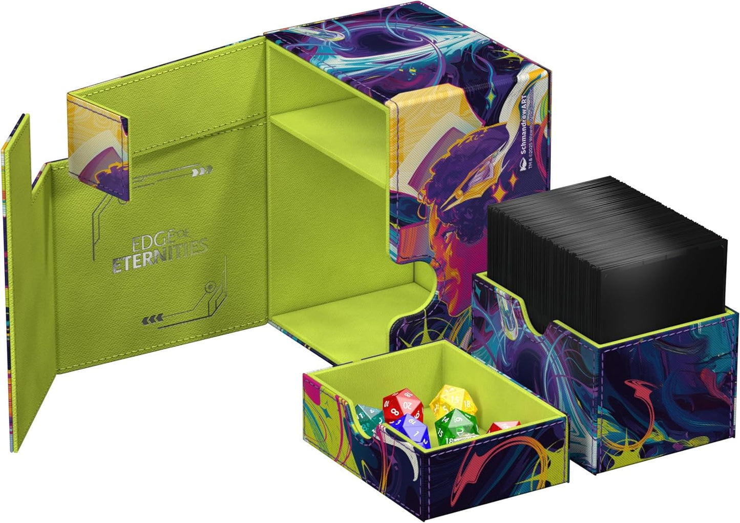 Open TCG deck box: vibrant abstract art, neon green interior. Holds black sleeved cards & colorful dice