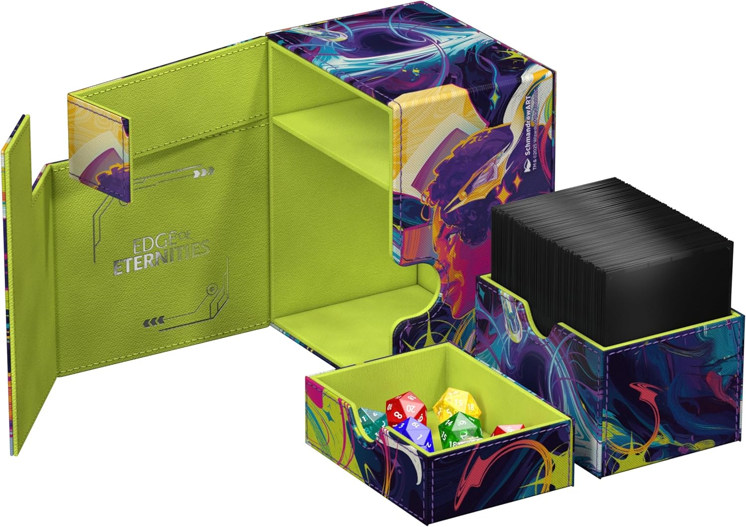 Open TCG deck box: vibrant abstract art, neon green interior. Holds black sleeved cards & colorful dice