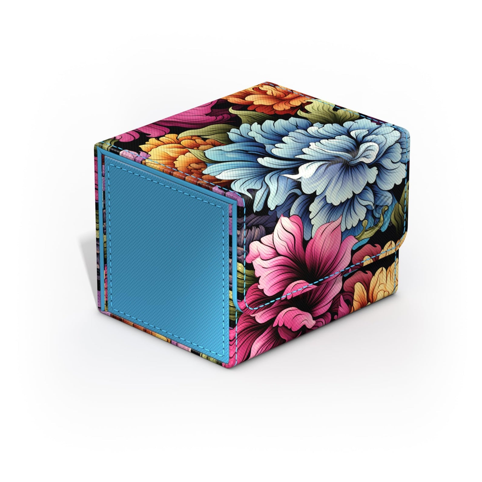 A vibrant floral deck box featuring blue, pink, and orange flowers on a black background, with a bright blue textured side panel