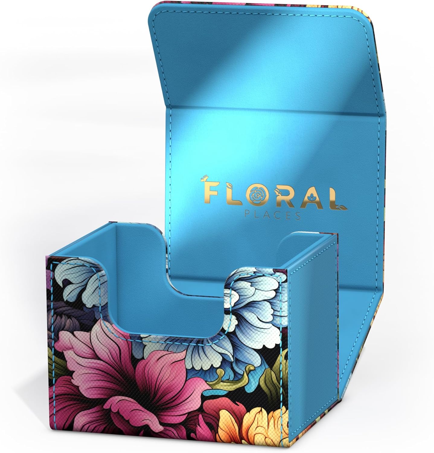 Open card deck box with bright blue interior and vibrant floral exterior; 'Floral Places' text visible