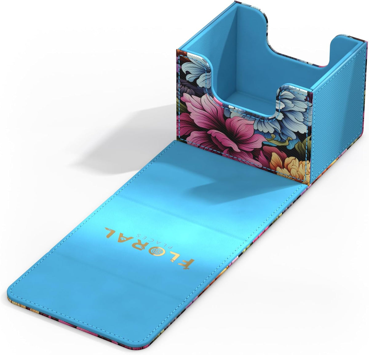 An open deck box with colorful floral sides and a blue interior/flap. The flap, with &quot;FLORAL PLACES&quot; text, lies flat