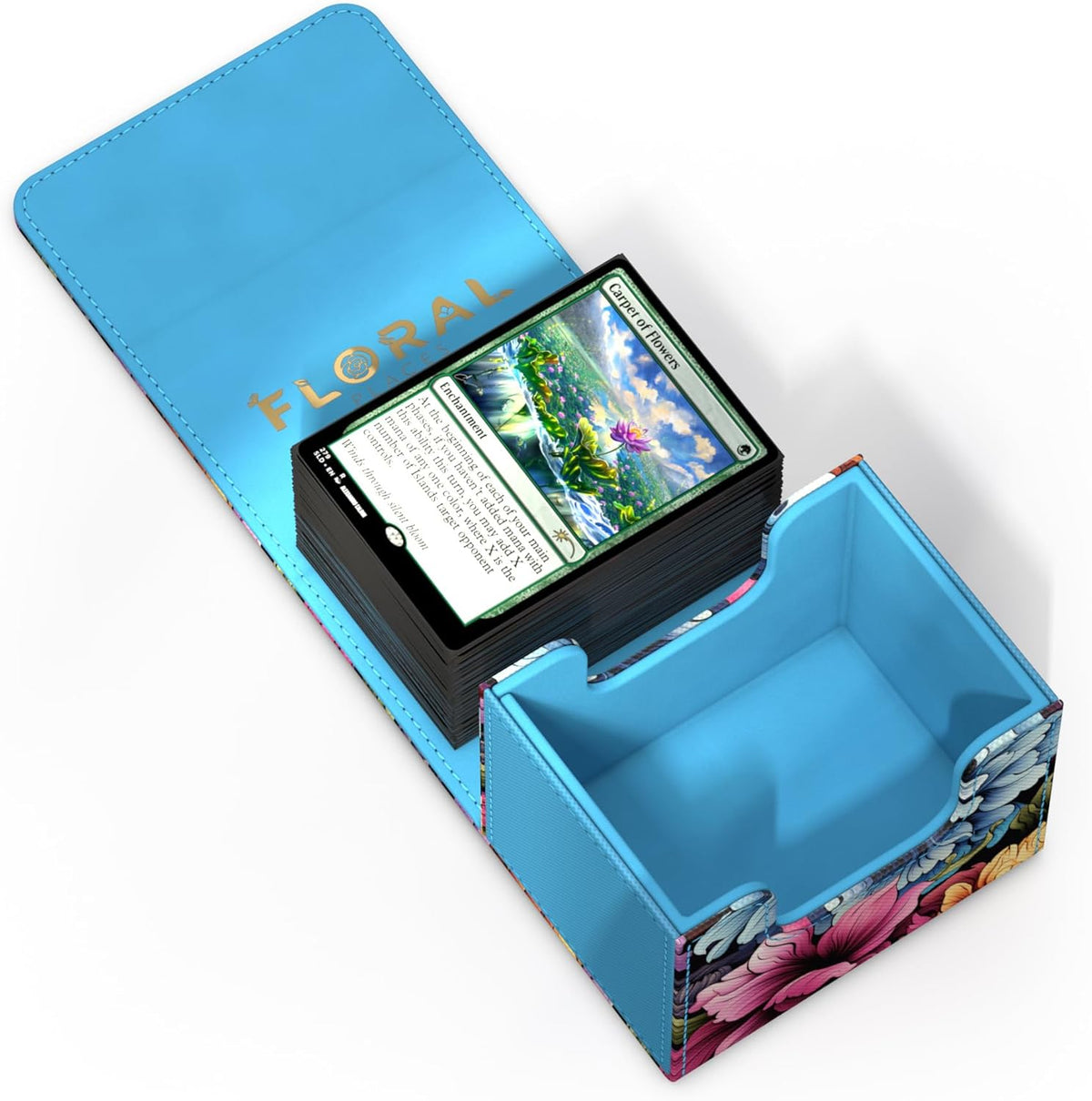 Open light blue floral deck box reveals Magic cards, &quot;Carpet of Flowers&quot; visible on top