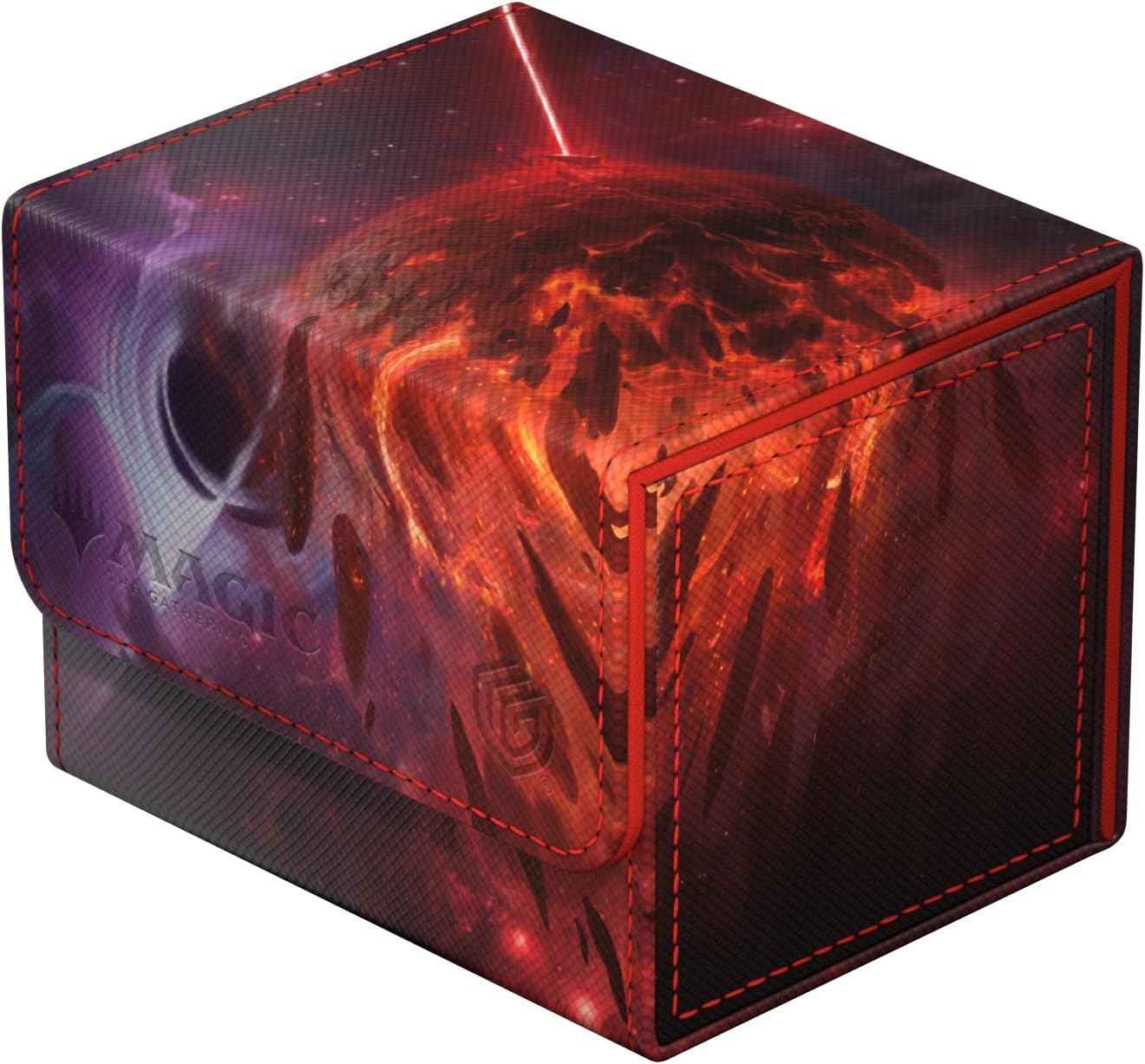 Magic: The Gathering deck box with cosmic art depicting an exploding fiery planet, purple vortex, and red laser. Red stitching