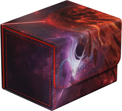 Magic: The Gathering deck box featuring a vibrant purple and red cosmic nebula design with red stitching