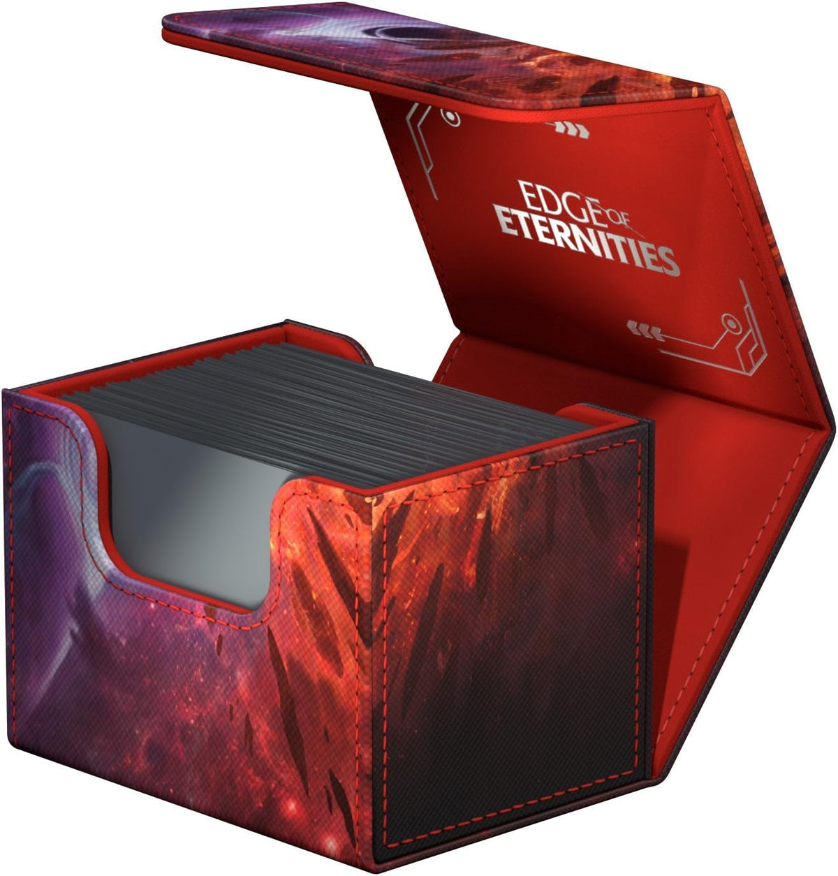 Red and purple cosmic &quot;Edge of Eternities&quot; deck box, open and filled with grey game cards
