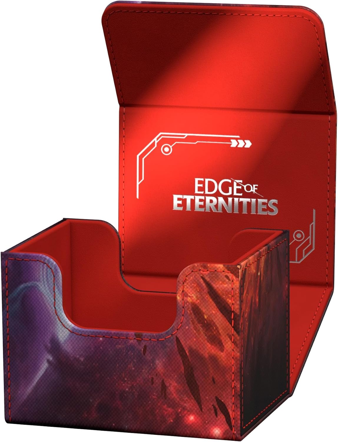 Open red deck box with a cosmic-patterned exterior. The interior displays &quot;EDGE OF ETERNITIES&quot; text