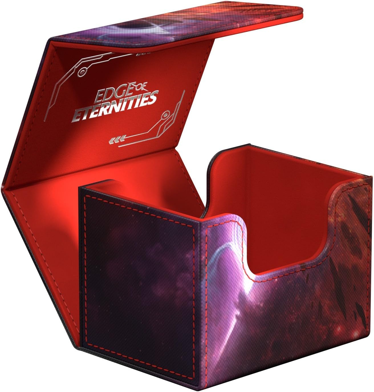 An open deck box featuring a cosmic purple and red exterior. The interior is bright red, with "EDGE OF ETERNITIES" text on the lid