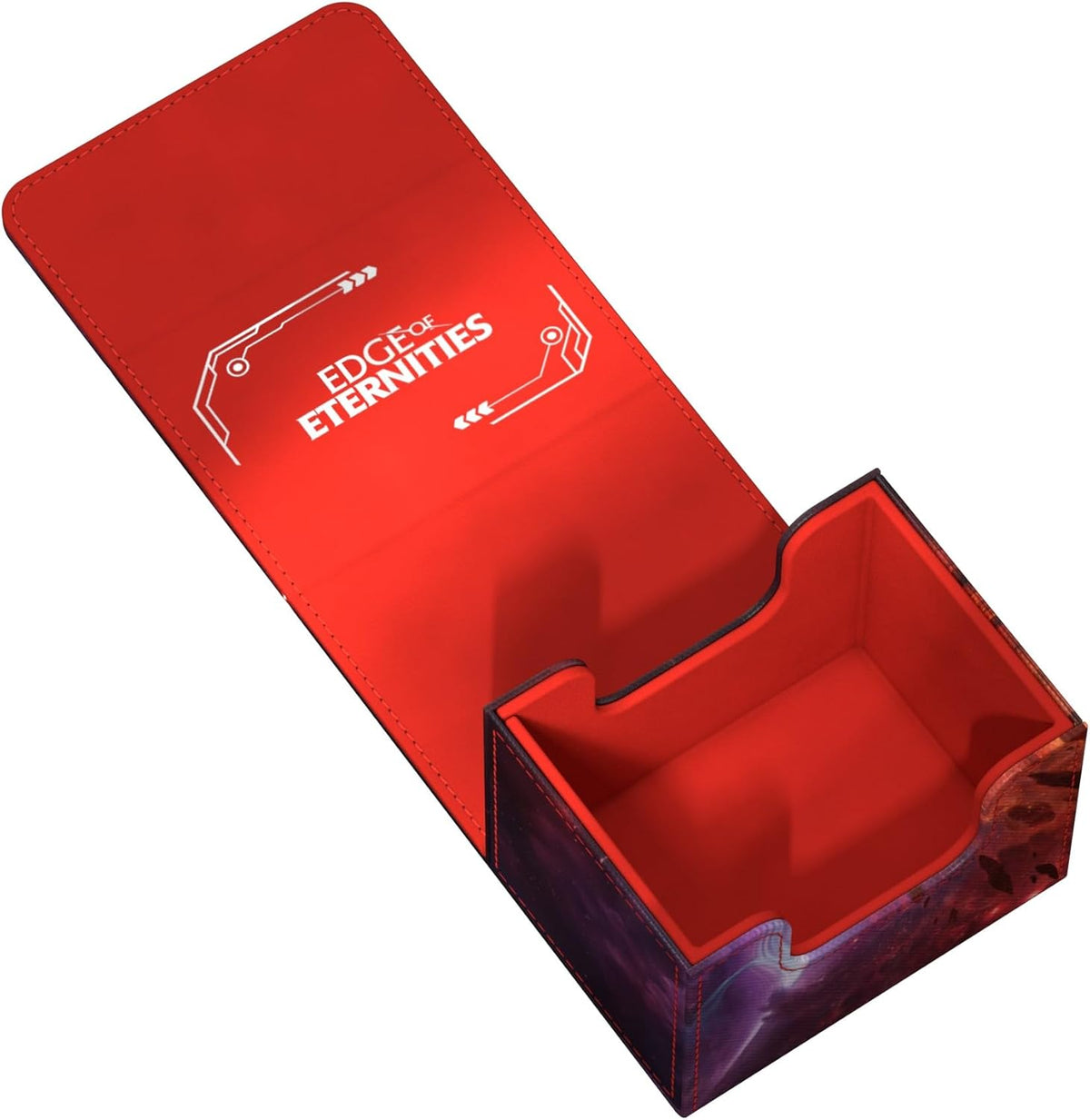 Open red card deck box with &quot;EDGE OF ETERNITIES&quot; text on the lid and a colorful, abstract design on the exterior