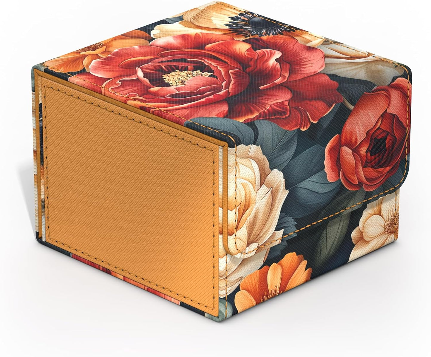 Vibrant floral storage box with red, orange, and cream flowers on a dark background, and a textured tan side panel