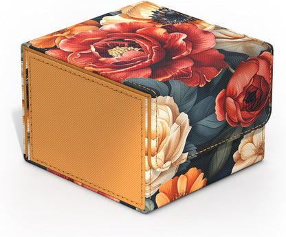 Vibrant floral storage box with red, orange, and cream flowers on a dark background, and a textured tan side panel