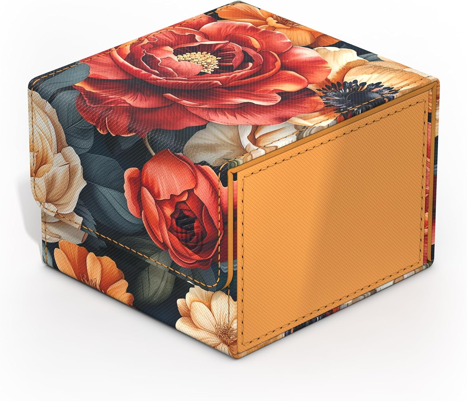 A cube-shaped storage box with a vibrant red, orange, and cream floral pattern on a dark background, and a plain orange side panel