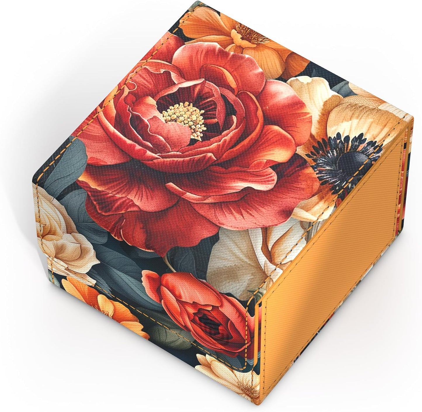 Decorative cube box, red and orange floral pattern on dark background, with cream accents and stitched orange edges