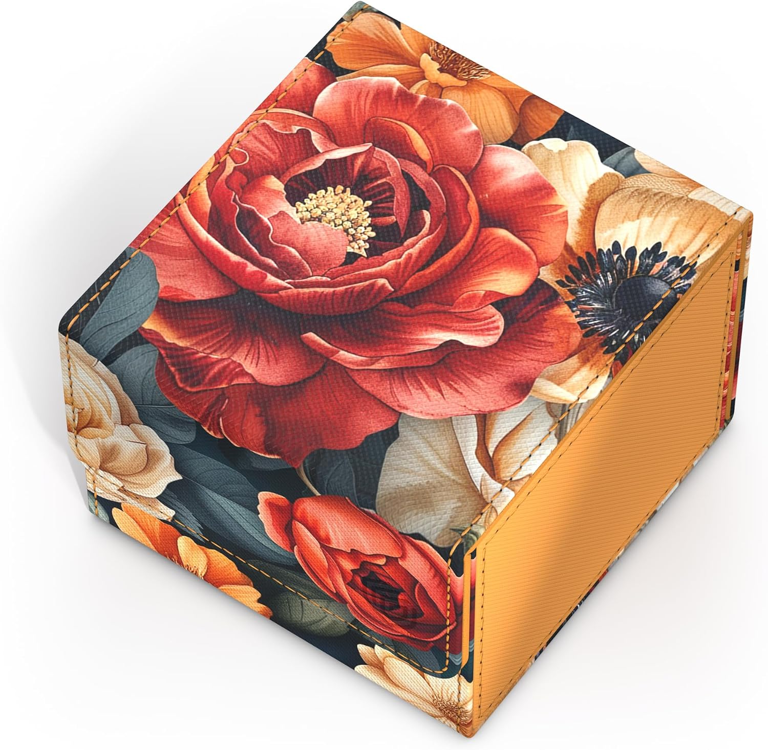 Decorative cube box, red and orange floral pattern on dark background, with cream accents and stitched orange edges