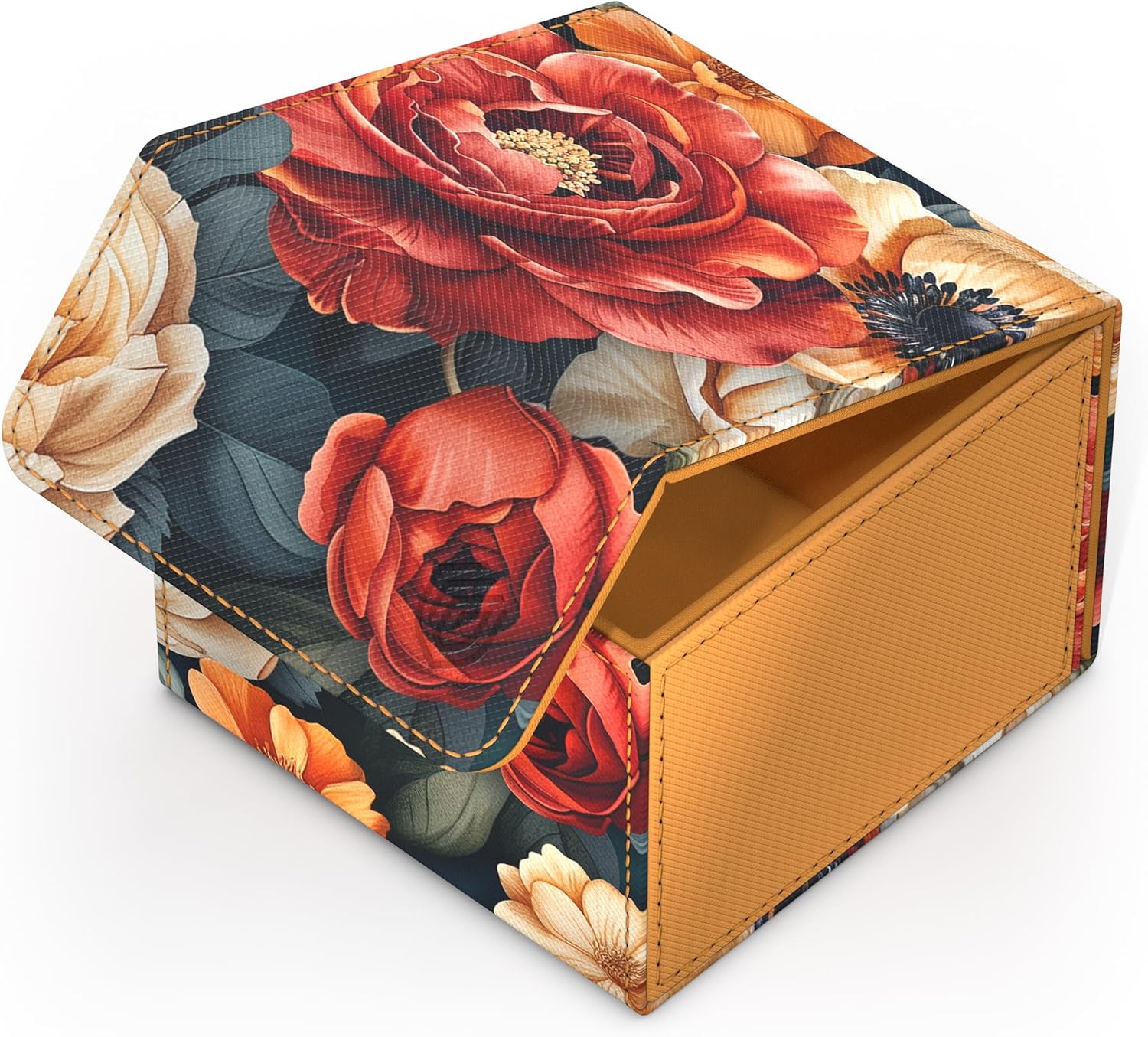 An open floral storage box with vivid red and cream flowers on a dark background, revealing its golden-yellow interior