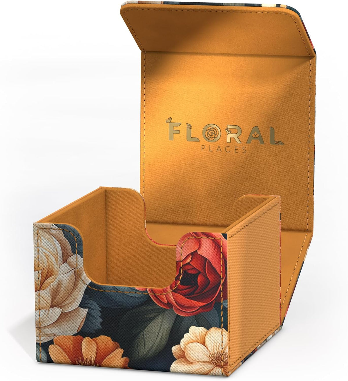 An open deck box with a dark floral pattern exterior and a gold interior showing &#39;FLORAL PLACES&#39; on the lid
