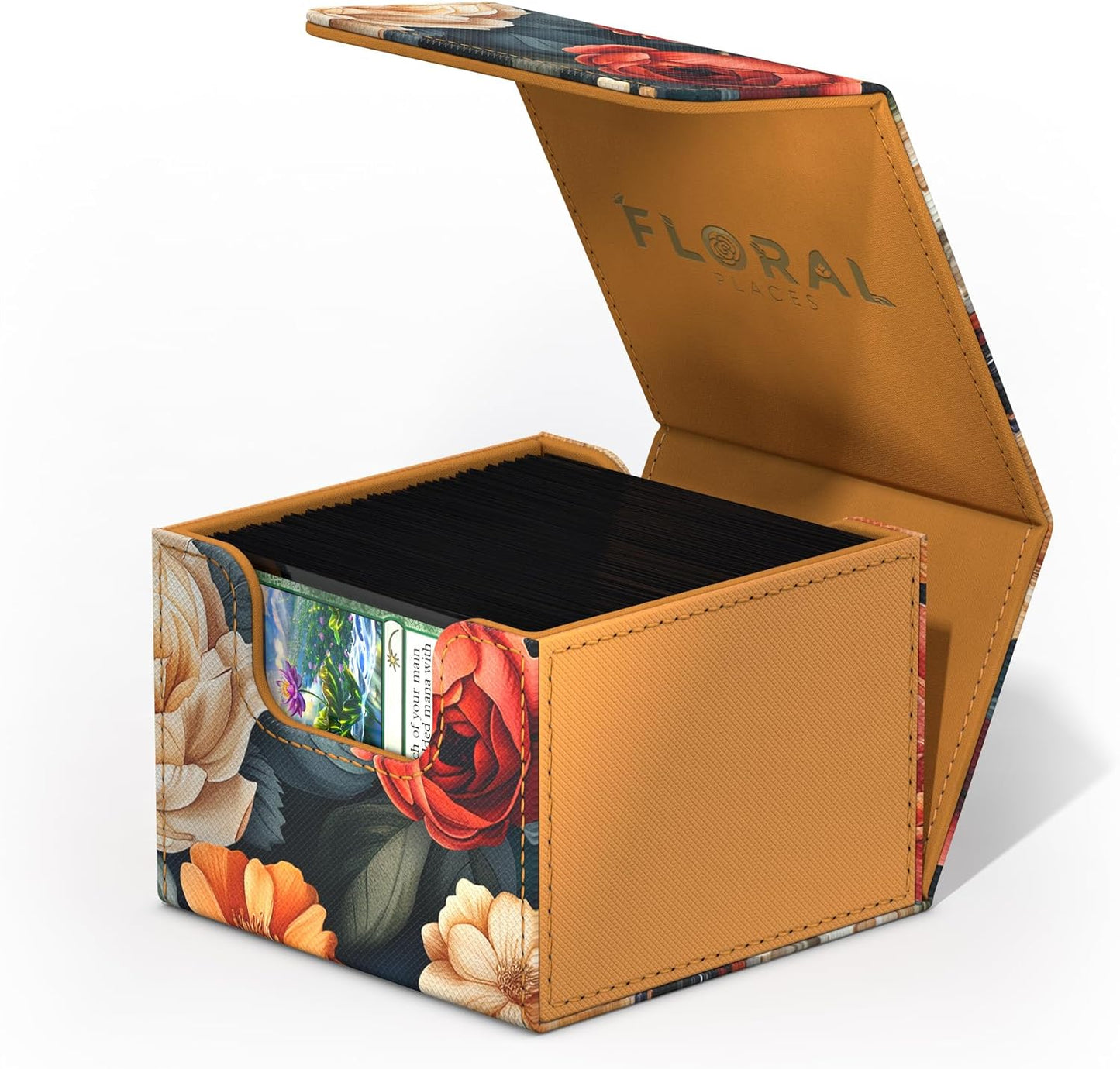 Open, floral-patterned deck box revealing stacks of cards inside, with "FLORAL PLACES" on the lid